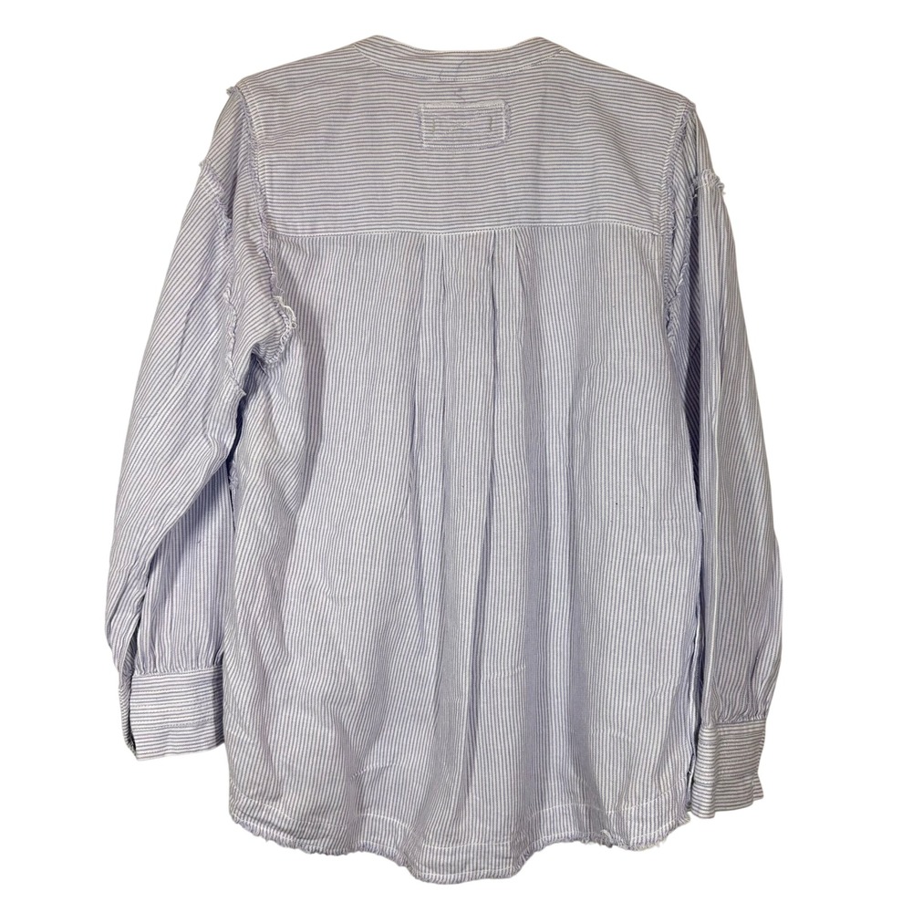 We The Free Blouse Small Blue Striped Long Sleeve Frayed Hem Button Down Boho - Picture 2 of 6